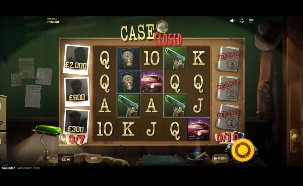 A screenshot of the Case Closed slot. The background is a detective’s office, complete with a filing cabinet, desk, and coat rack with coat and hat. The reels are a pinboard and contain a variety of symbols, including police badges, a hand holding a pistol, a cop car, and standard symbols including an A, K, Q, and J. Next to the reels are masked mug shots and closed case files.