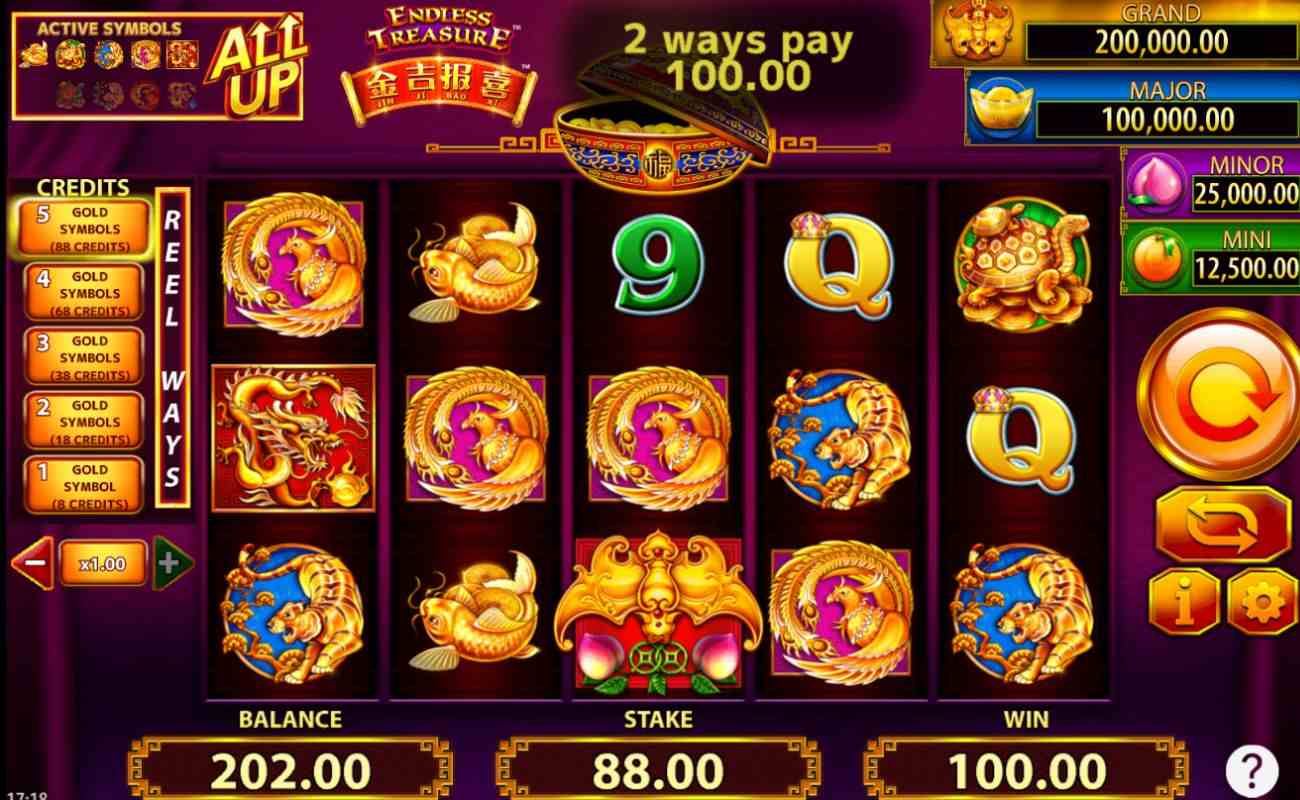 A screenshot of a $100 win on Jin Ji Bao Xi Endless Treasure, featuring a matching combination of four phoenix symbols paying out across two win ways.