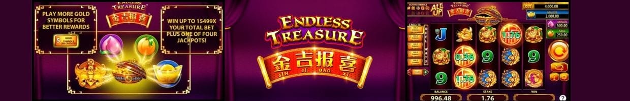 A banner image for Jin Ji Bao Xi Endless Treasure featuring a screenshot of the a few bonuses on the left, the game logo in the centre, and a screenshot of the reels on the right.