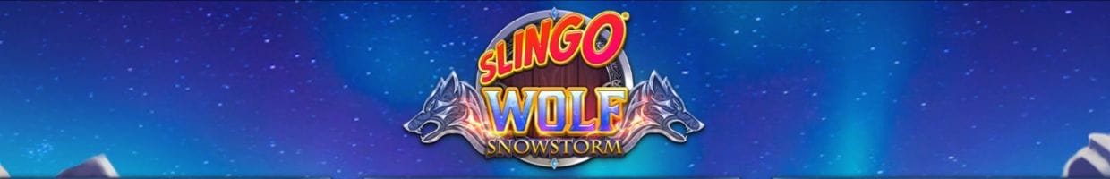 The Slingo Wold Snowstorm logo with two silver wolves popping their heads out from either side, on a background of a night sky.