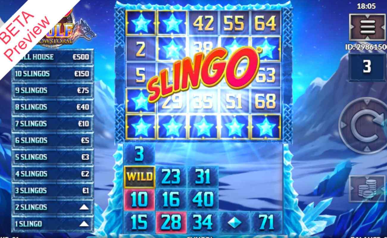 A screenshot of the Slingo Wolf Snowstorm slot demo, showcasing the unique grid layout with the Slingo values displayed to the left; A full line has been created on the bottom row, resulting in a win.