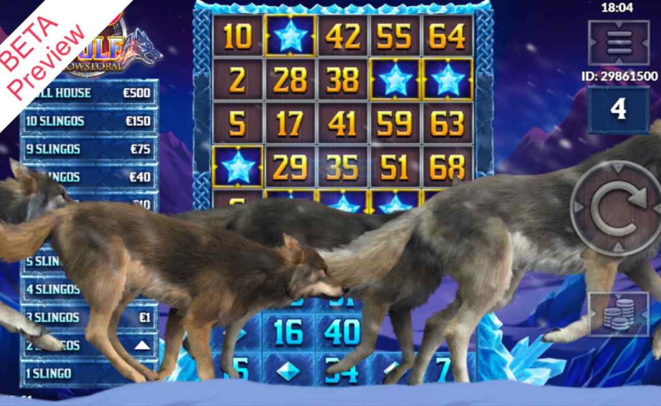 A screenshot of wolves running across the screen of the Slingo Wolf Snowstorm slot demo, indicating the start of the Stow Storm Respin Bonus.