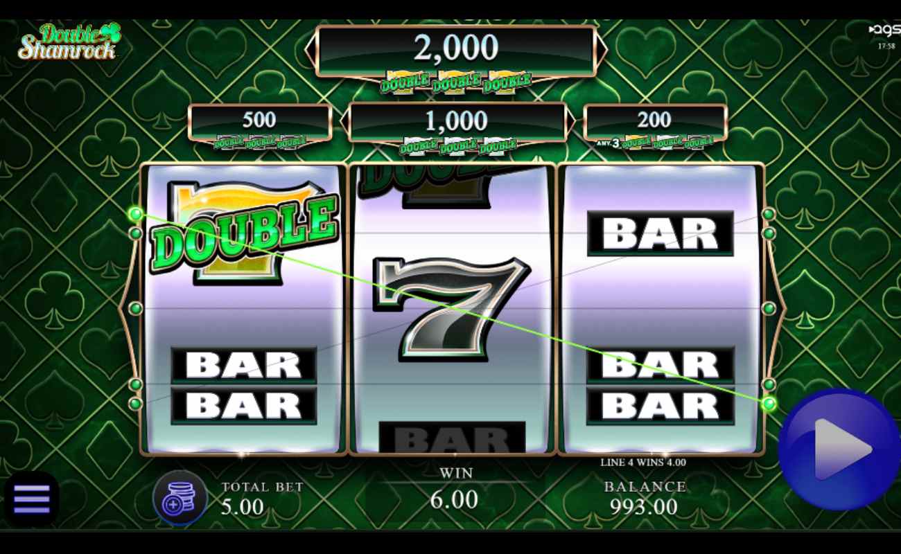 Double Shamrock online slot with a win line across the reels. There are classic slot symbols on the reels, such as the bar and number seven. The jackpot prize values are above the reels. The background is green with playing card suits such as hearts, spades, diamonds, and spades.
