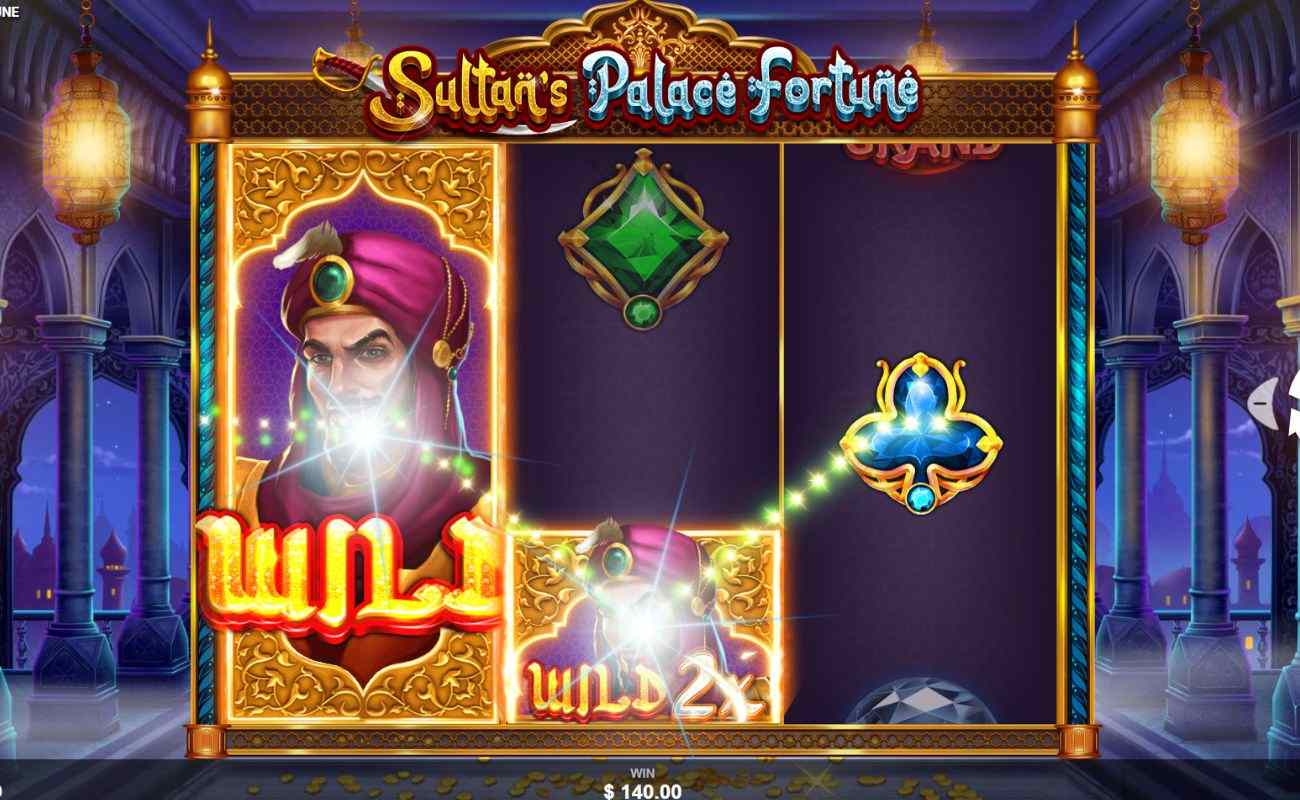 A screenshot of a winning combination on Sultan’s Palace Fortune; A Wild symbol has expanded to cover the entire first reel on the 3x3 slot grid.
