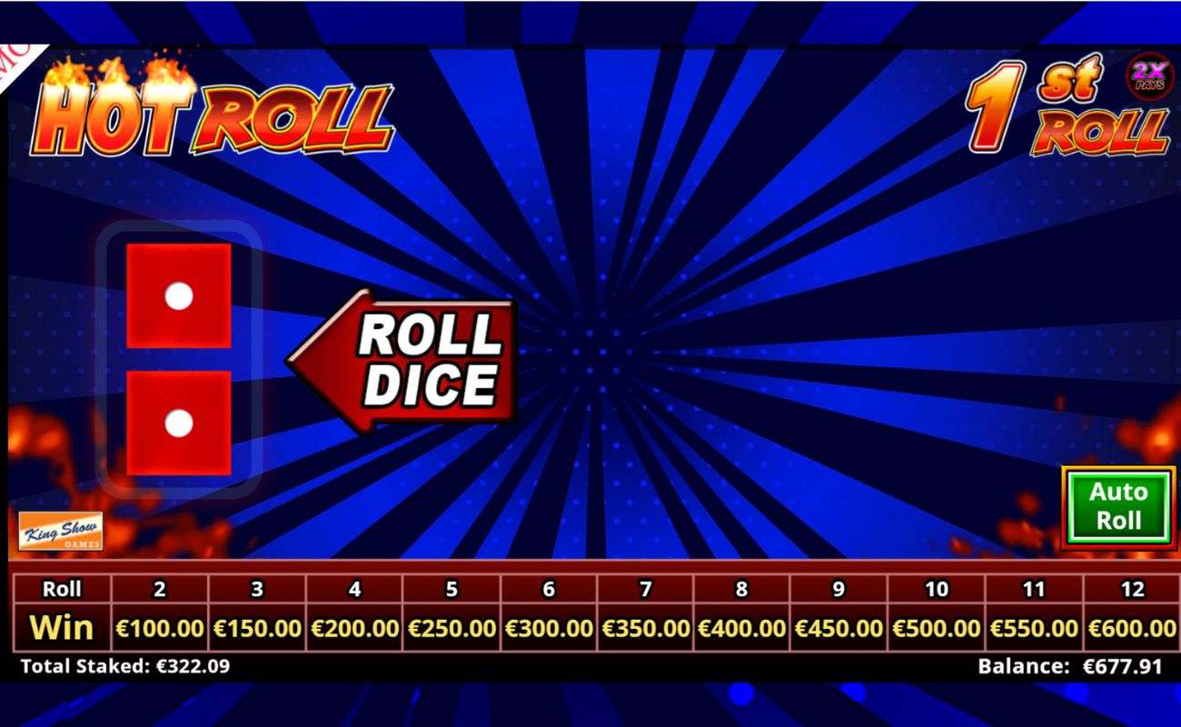 A screenshot of the first roll in Slingo Hot Roll; An arrow with the words “Roll Dice” on it is pointing at two red dice with the win amounts displayed below them – All on a blue background.