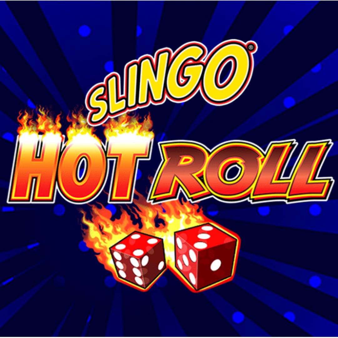 The title image for Slingo Hot Roll, featuring the game logo and two red dice, which are on fire, against a background of blue lines in different shades fanning out from the center of the image.
