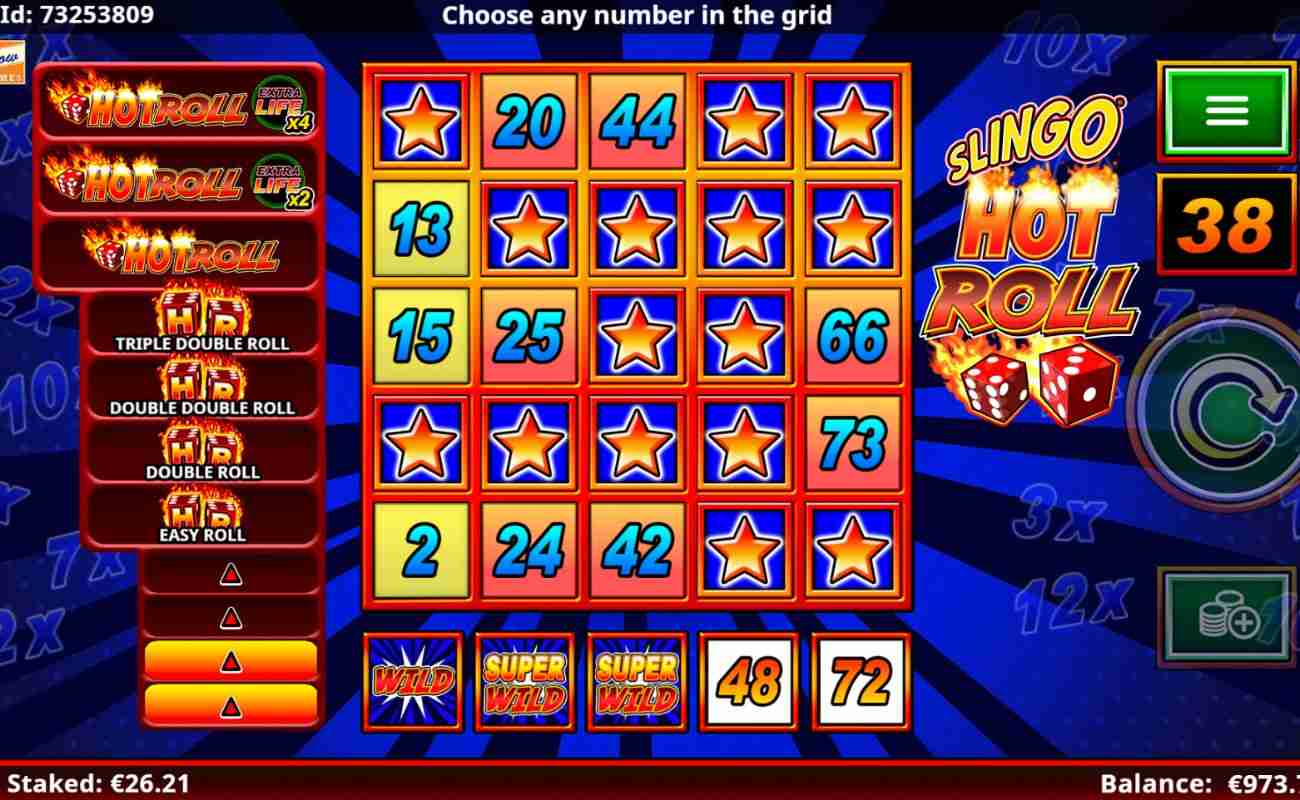 A screenshot of the gameplay of Slingo Hot Roll, featuring the 5x5 Slingo grid with an extra, separate row at the bottom, on a blue background with the game logo and progress bar on either side of the grid.