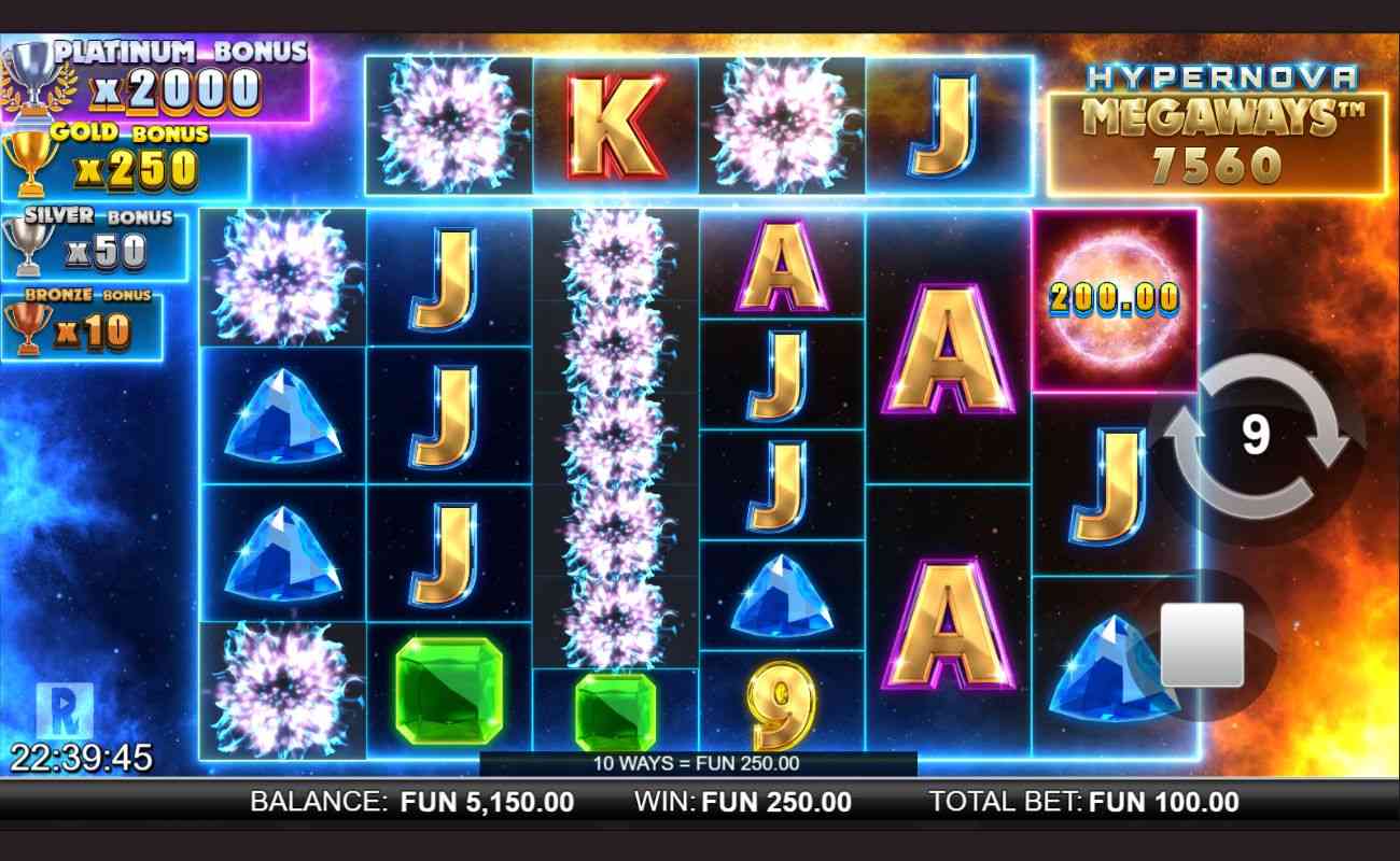 A screenshot of the base game of Hypernova Megaways, featuring the unique slot grid on a cosmic background with orange and blue hues; The symbols in a winning combination have exploded on the reels, resulting in a $250 payout.
