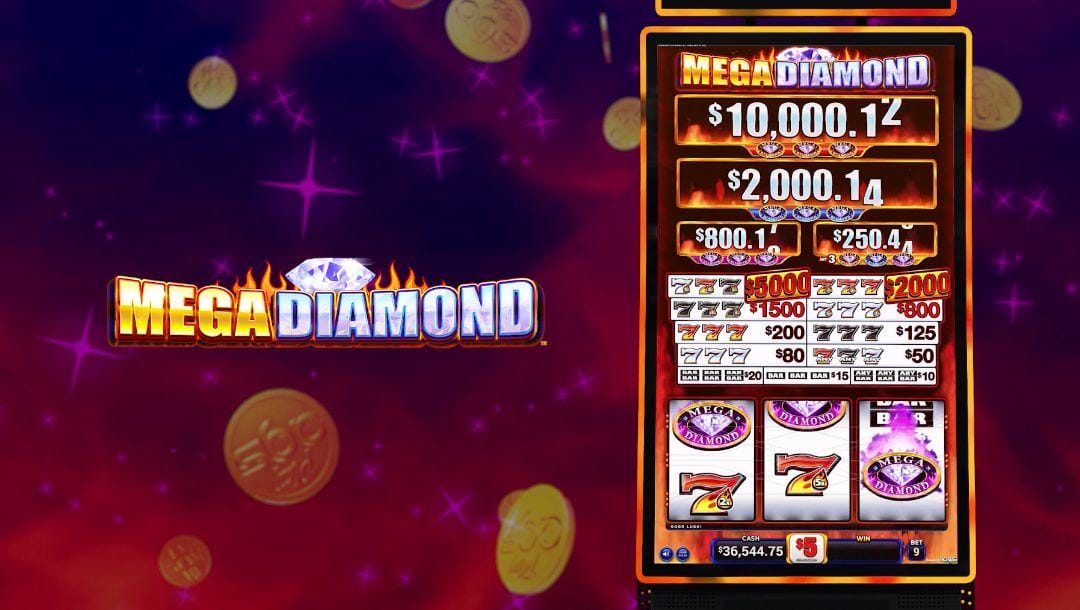 The Mega Diamond slot game logo, next to a Mega Diamond slot machine, on a gold coin background.