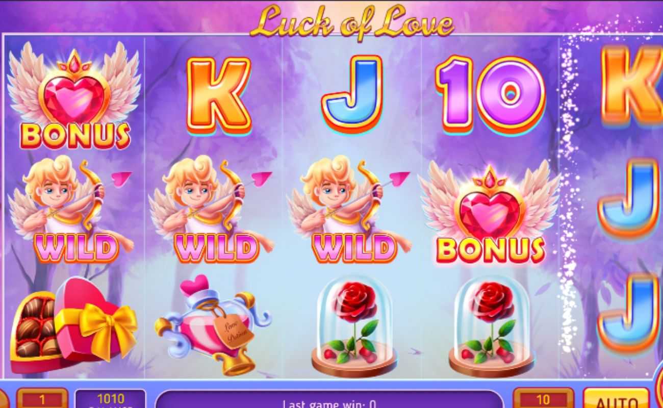 Screenshot of the Luck of Love online slot game, showing gameplay, featuring chocolates, love potions, Cupids, and rose slot symbols.
