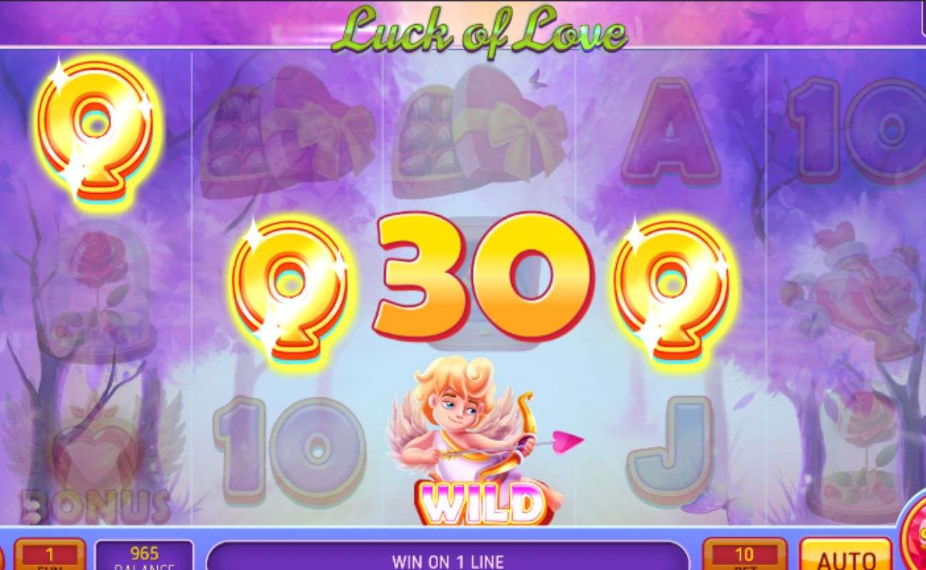 Screenshot of the Luck of Love online slot game, showing a 30.00 win.