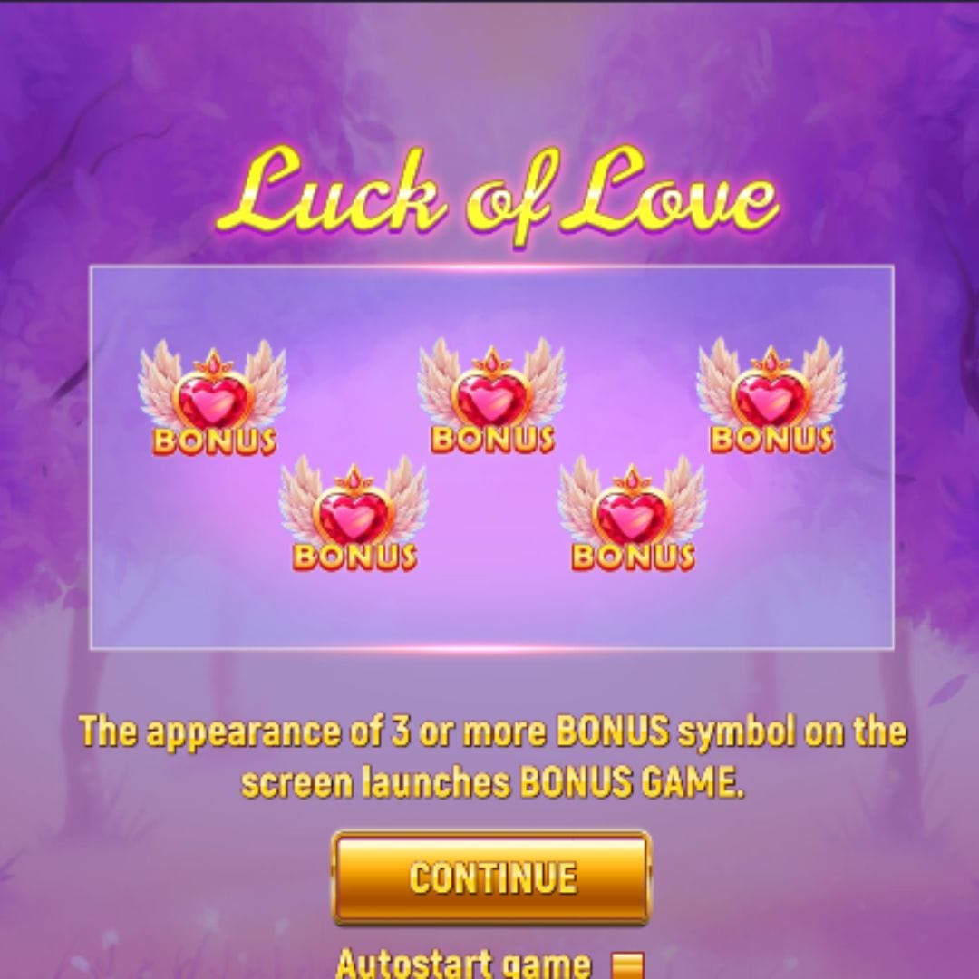 Screenshot of the Luck of Love online slot game loading screen, featuring the game logo, information about bonus symbols, and a “continue” button.