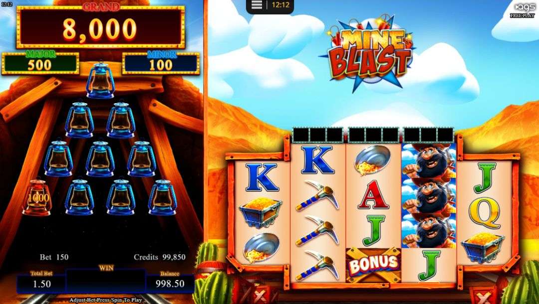 Screenshot from the Mine Blast online slot game, showing gameplay, set on an unusual 3-4-4-4-3 grid set.