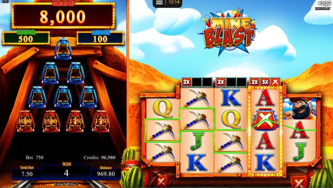 Screenshot from the Mine Blast online slot game, showing a small $4 win.