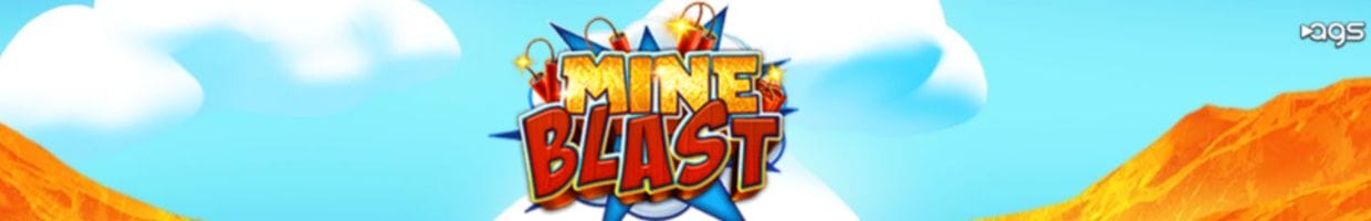Mine Blast online slot game logo, with a blue sky, clouds and mountains in the background.
