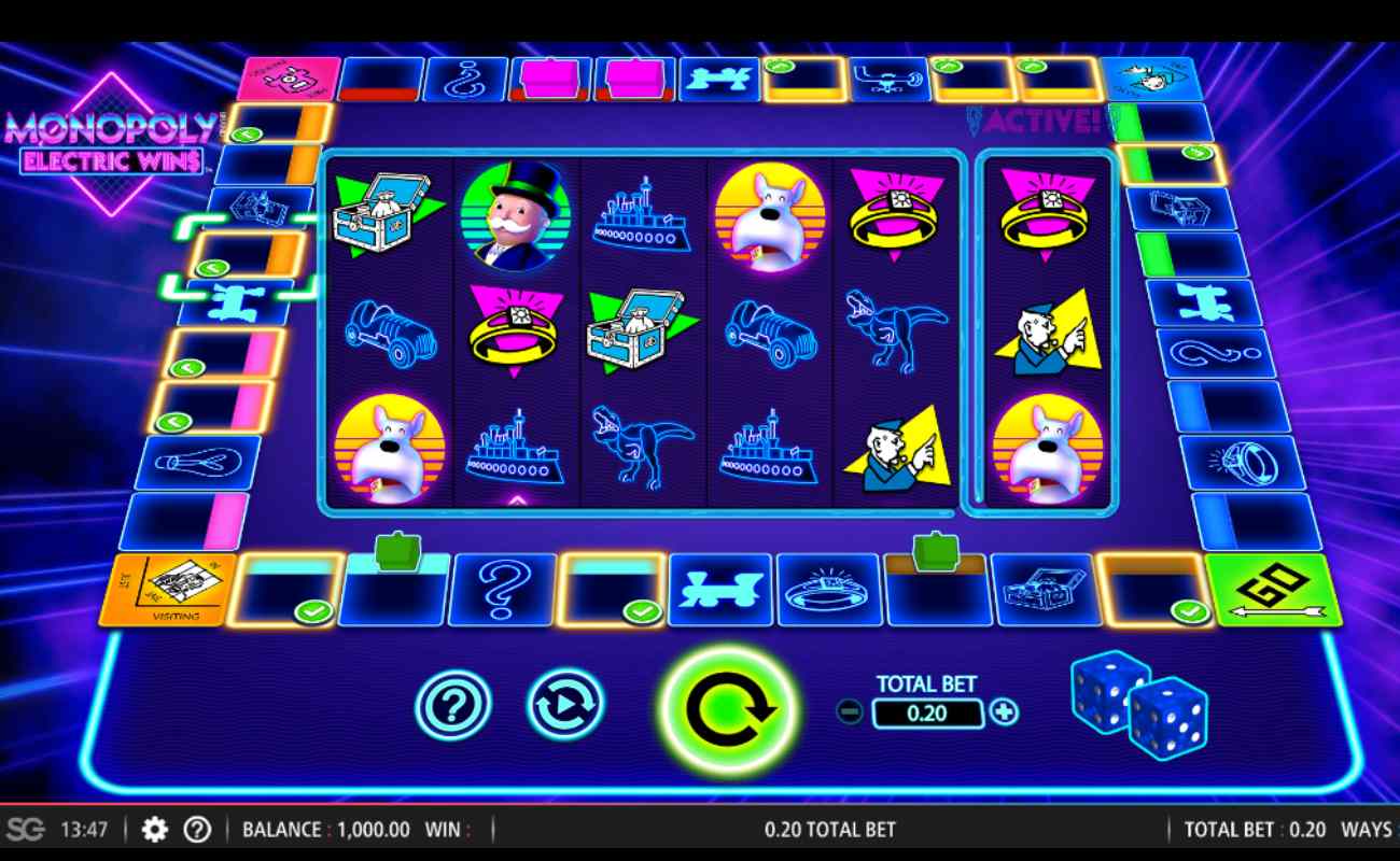 Monopoly Electric Wins online casino game with the Monopoly board game in neon blue. There are Monopoly icons and a blue dice against a neon blue and purple background.