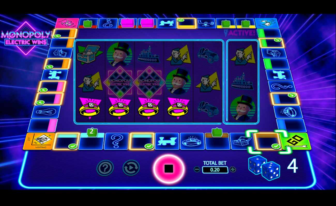 Monopoly Electric Wins online casino game. The gameplay shows a monopoly board with four gold rings. There are two