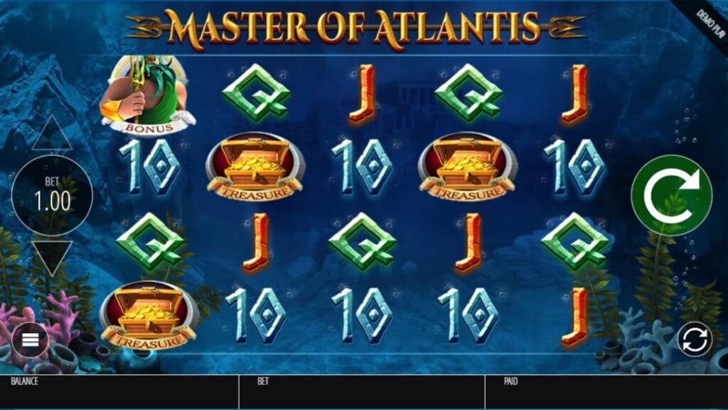 Screenshot from the Master of Atlantis online slot game, showing gameplay, and unique slot symbols, with an underwater scene in the background. 