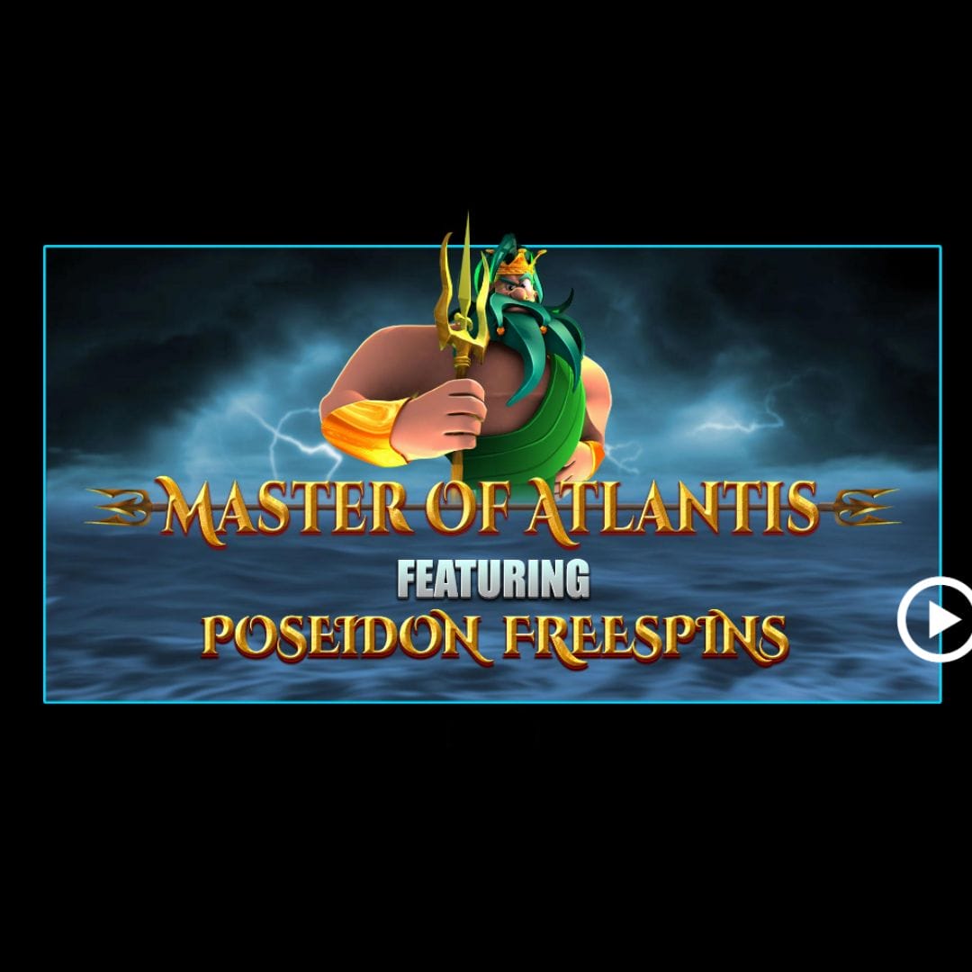 Screenshot of the Master of Atlantis online slot game loading screen, featuring the game logo, a cartoon version of Poseidon, and a storm above the ocean in the background.