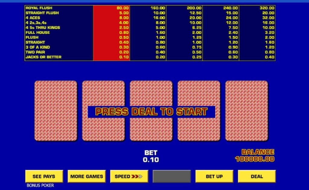 A screenshot of the video poker table in the Bonus Poker variant of Game King Video Poker, featuring five face-down cards, the betting options and odds, betting information, and game controls.