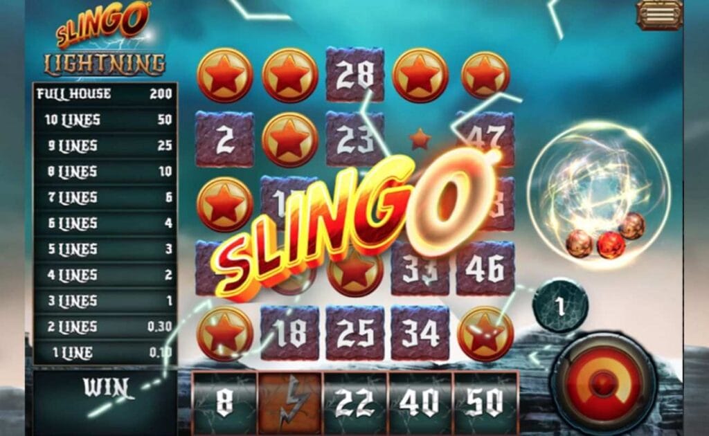 A diagonal line has been completed in the Slingo Lightning casino game, resulting in a win; The word “Slingo” is stretched across the 5x5 game grid. 