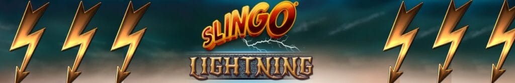 A banner image for Slingo Lightning, featuring the game logo and animated lightning bolts on a background of a dark, thundering sky.