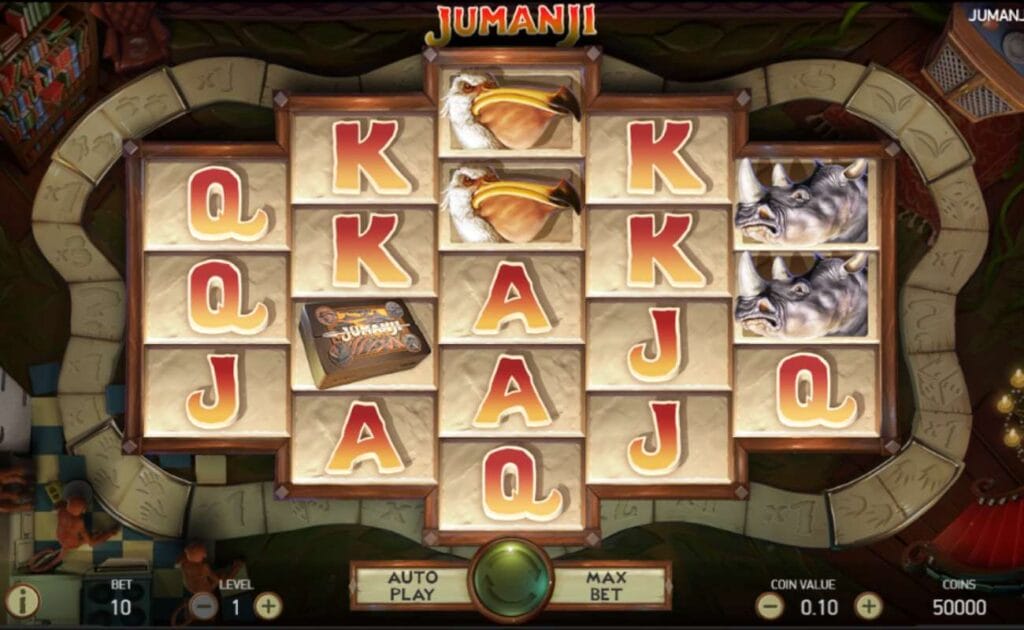 Jumanji online slot with playing cards J, Q, K, and A symbols, a rhinoceros and bird symbol on the beige reels. The background shows a board game and library that resembles the Jumanji film.