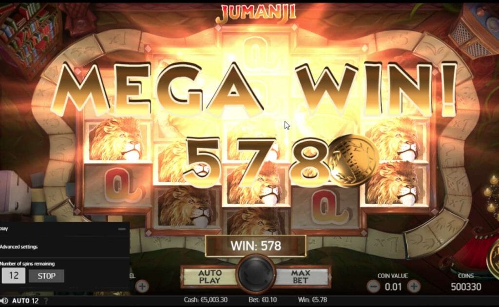 Jumanji online slot with a Mega Win across the reels. The reels are beaming in gold with lions and playing card symbols in the background. The Jumanji logo is situated above the tiled reels.