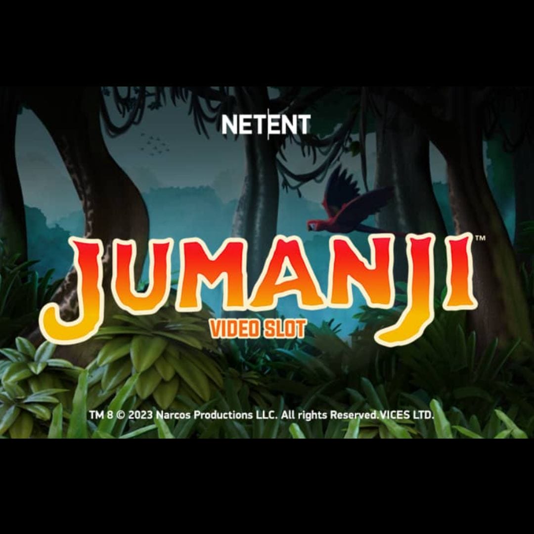 Jumanji video slot logo in orange and yellow. The background shows a jungle with trees, leaves and a parrot flying.