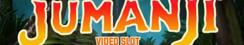 Jumanji video slot logo in orange and yellow. The background shows a jungle with trees, leaves and a parrot flying.