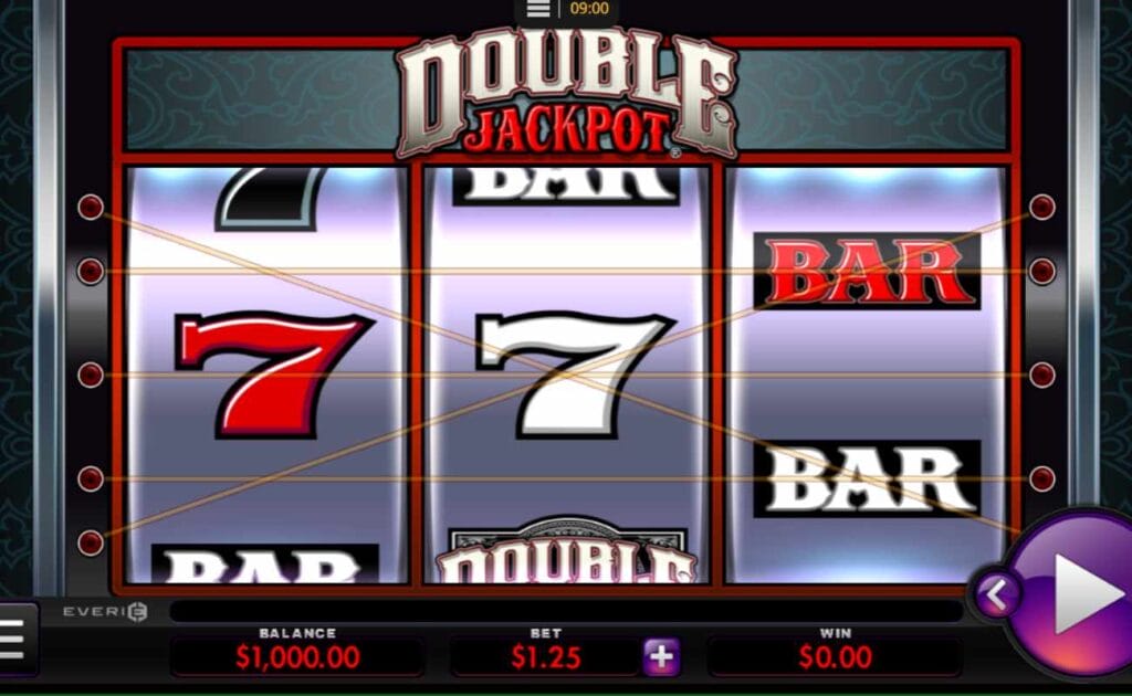 Double Jackpot online slot with three reels and classic symbols such as the number seven and bar. The game screen resembles a brick-and-mortar casino slot machine with silver, red and black metal.