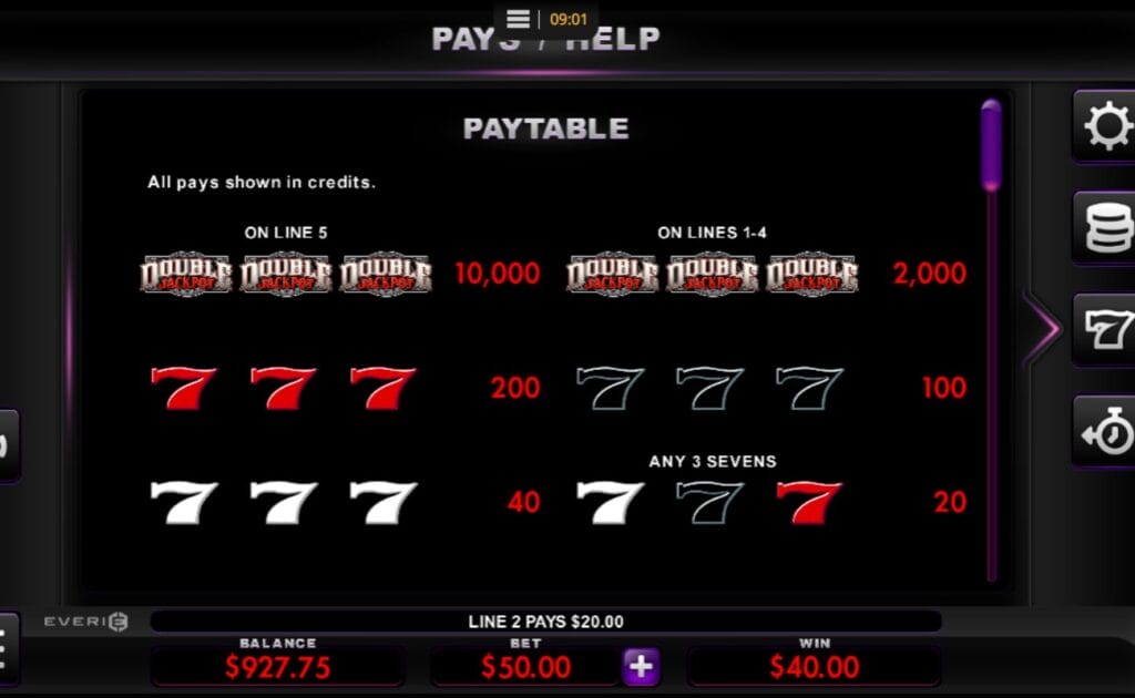 Double Jackpot online slot paytable with the Double Jackpot logo and number seven with their payout values. The symbols are against black background.