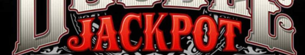 Double Jackpot online slot header in silver and red. The logo is above the slot machine which shows the jackpot prizes and the three reels.