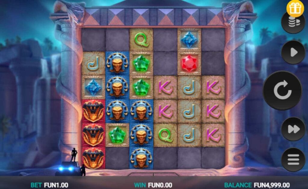 Temple Tumble 2 online slot with snake heads, diamonds, skulls and playing card symbols on the tiled reels. The reels are surrounded by snake pillars. The background shows stone buildings with a neon-turquoise lit night sky.