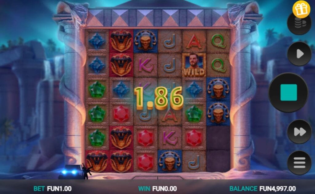 Temple Tumble 2 online slot game with a winning payout of 1.86 credits across the reels. The reels are enclosed with snake pillars.