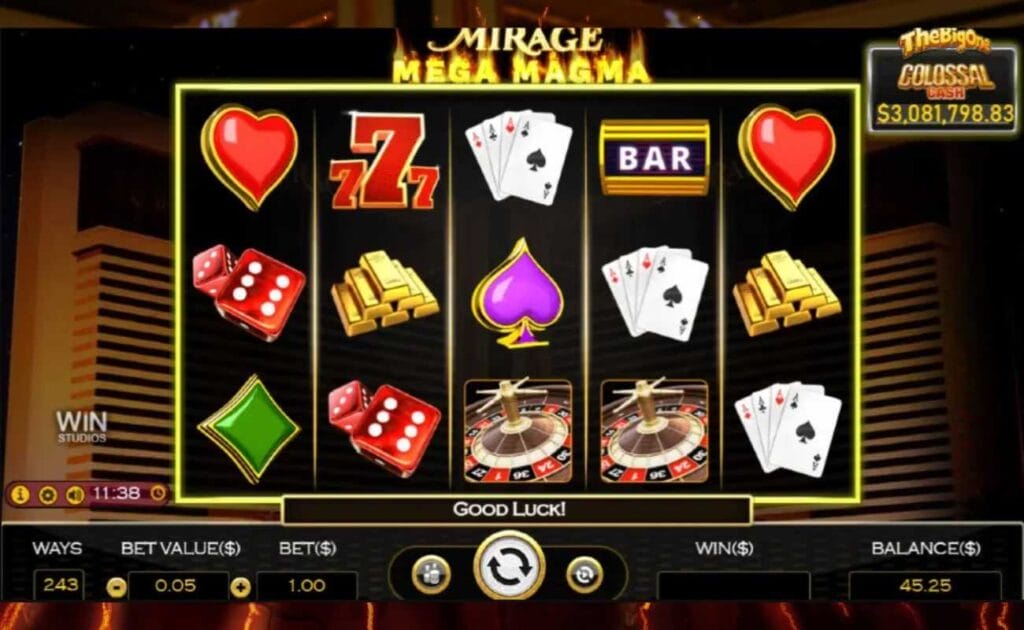 A screenshot of the Mirage Mega Magma slot game, featuring a mix of casino-related symbols on a 5x3 slot grid with the Mirage Hotel & Casino in the background. 