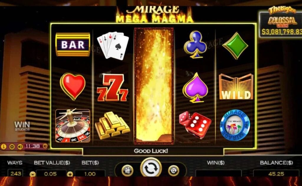 A screenshot of the 5x3 slot grid of Mirage Mega Magma, featuring one of every symbol, except the scatter; An expanding Wild, which is an erupting volcano, covers the entire third reel. 