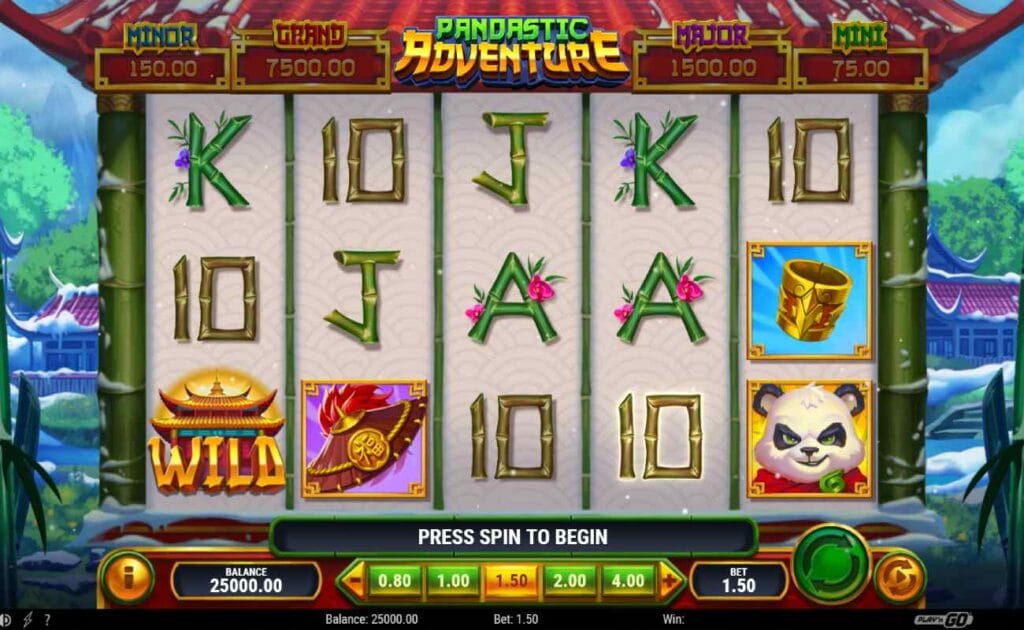 Borgata Exclusive: Pandastic Adventure online slot game with bamboo reels. There are bamboo playing cards (10, J, K, and A), a smirking panda bear, a ring, a hat, and a wild symbol on the reels. The game’s background shows a Japanese landscape with snow covering houses and trees. There are jackpot prizes situated above the reels with the game’s logo.