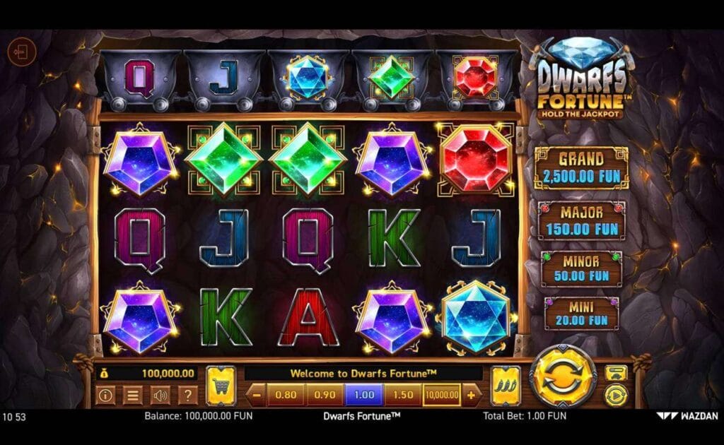 A screenshot of the Dwarfs Fortune’s slot reels, containing different colored gems and A, K, Q, and J symbols. There’s an additional row of symbols above the reels, as well as a list of jackpot rewards on the right. 
