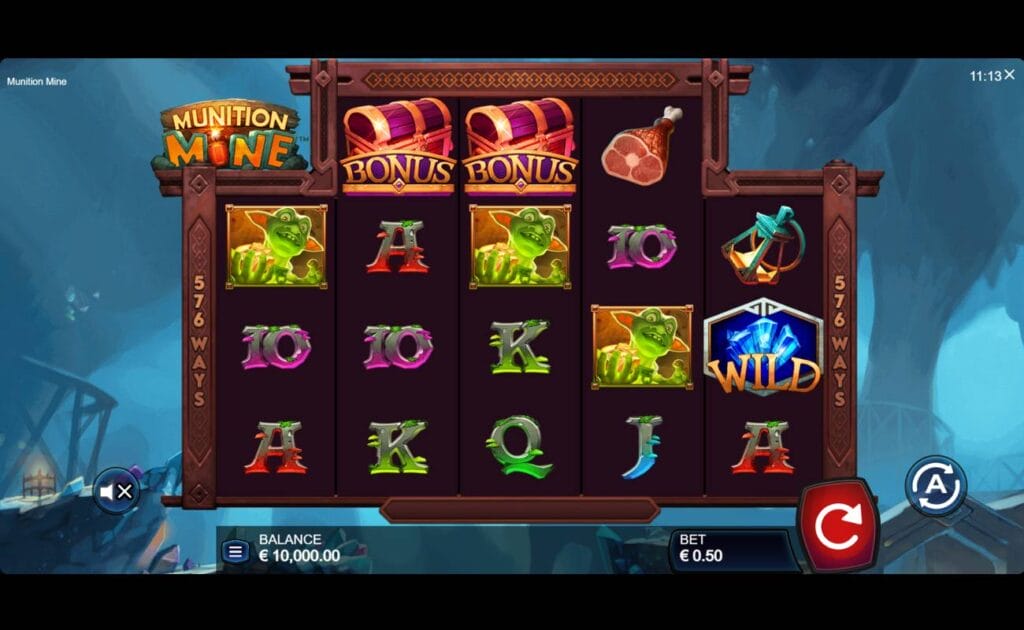 A screenshot of the reels in Munition Mine. The game is set deep underground in a mine filled with smoky caverns. The reels appear in a wooden frame and contain symbols like goblins with gold, treasure chests, lanterns, and a leg of meat, as well as the familiar A, K, Q, and J.