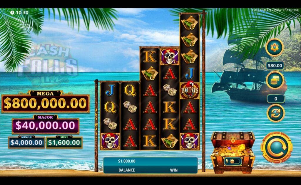 A screenshot of the reels in Cash Falls Pirate’s Trove. The background is a pristine bay with clear waters and a pirate ship. The reels are a unique 4-4-6-6-8 format and contain symbols like a pirate skull wearing a red bandana, dice, a telescope, and standard symbols, like the A, K, Q, and J.