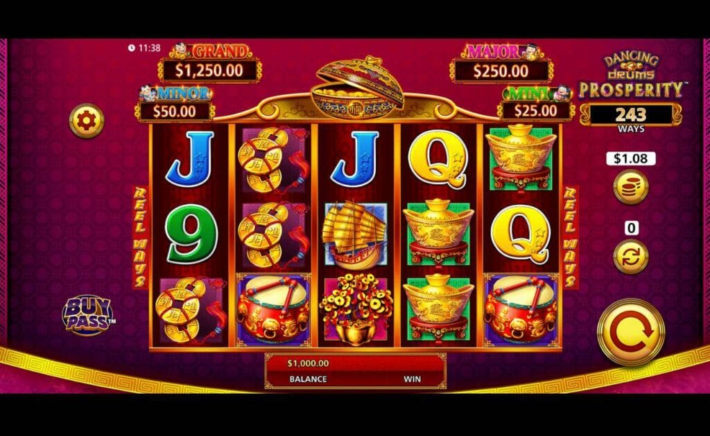 A screenshot of the slot reels in Dancing Drums Prosperity. The game is set against a simple textured purple backdrop of various hues, with a gold trim that curves below the reels. The reels contain a variety of Asian-themed symbols, including drums, ships, bowls, and coins, as well as standard symbols, like the Q, J, and 9.
