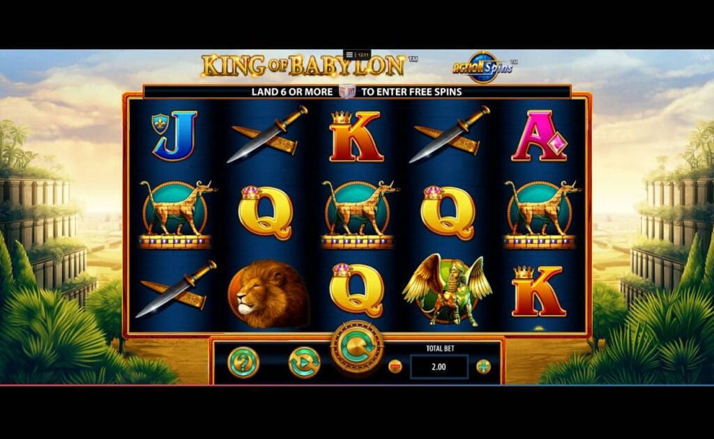 A screenshot of the reels in King of Babylon. The game is set in a lush desert garden oasis with a light-filled cloudy sky above it. The reels contain a variety of symbols, including a sword and sheath, a lion, and a manticore, as well as standard slot symbols, like the A, K, and J.