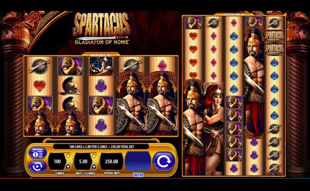 A screenshot of Spartacus Gladiator of Rome. The game is set between two bronze Roman pillars. There are two sets of reels. One set is the standard 5×4 format, while the other is 5×12. These reels feature a variety of symbols, including male and female gladiators, lions, helmets, and swords and shields. Card suit symbols also appear on the reels. 