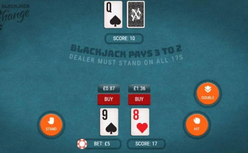 A screenshot of the blackjack table in Blackjack Xchange. The player has a 9 and an 8, while the dealer has a queen and a face-down card.