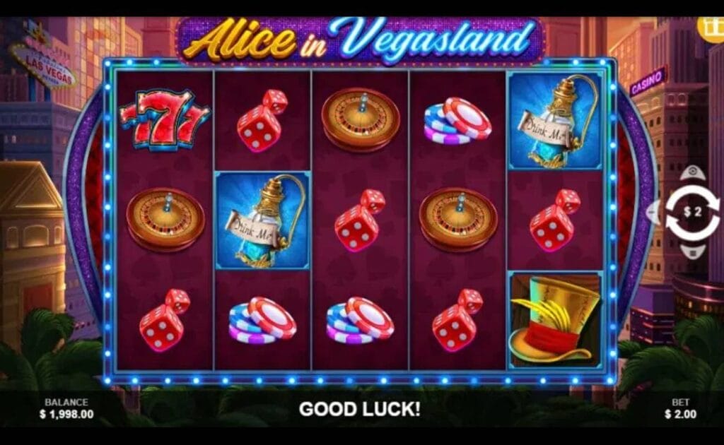 A screenshot of the Alice in Vegasland slot reel. The game is set against an illustrated Las Vegas cityscape. The reels are surrounded by bright blue lights and contain a variety of symbols, including roulette wheels, casino chips, and dice, as well as the Mad Hatter's hat and a magic potion.