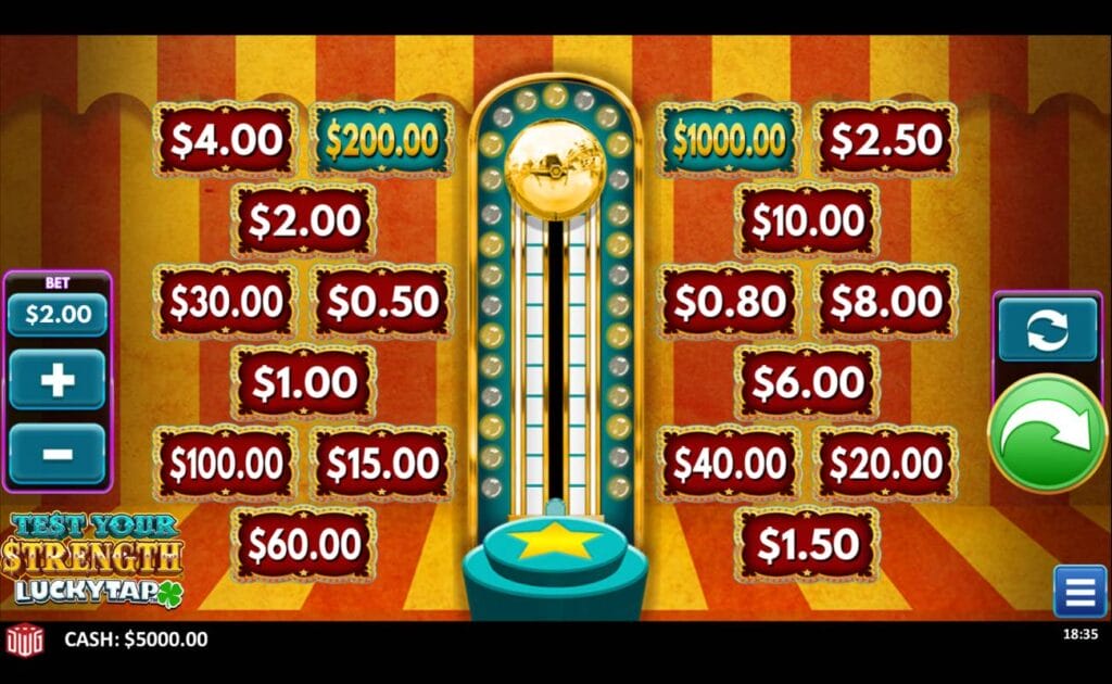 A screenshot of the Test Your Strength LuckyTap. In the center of the screen is a strength-testing machine. It’s surrounded by various boxes with different value payouts.