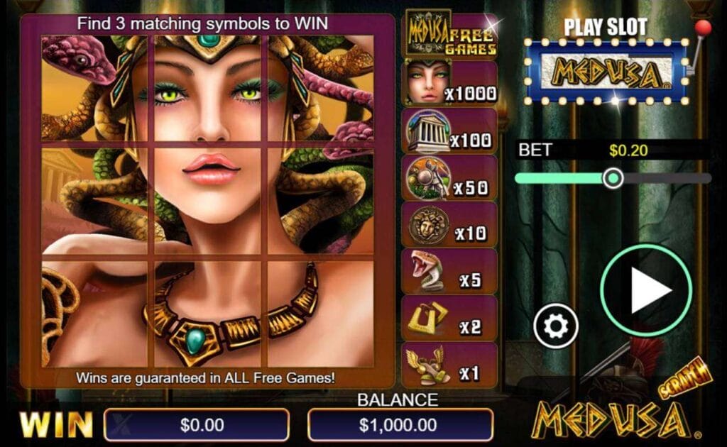 A screenshot of the Medusa instant-win scratch game. On the left is the beautiful but deadly Medusa’s face spread across nine squares. The prizes are listed just to the right of her portrait, with the betting slider, Play button, and setting options further on the right.