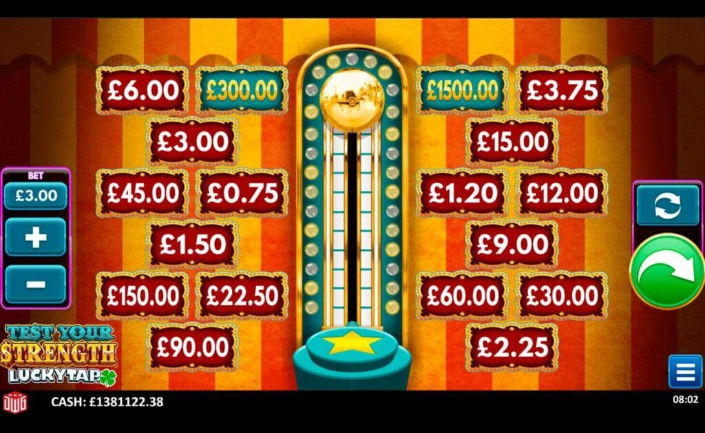 A screenshot of the Test Your Strength LuckyTap game. In the center of the screen is a strength-testing machine surrounded by various cash payouts. On the left are the betting options, and on the right are the play and autoplay options.