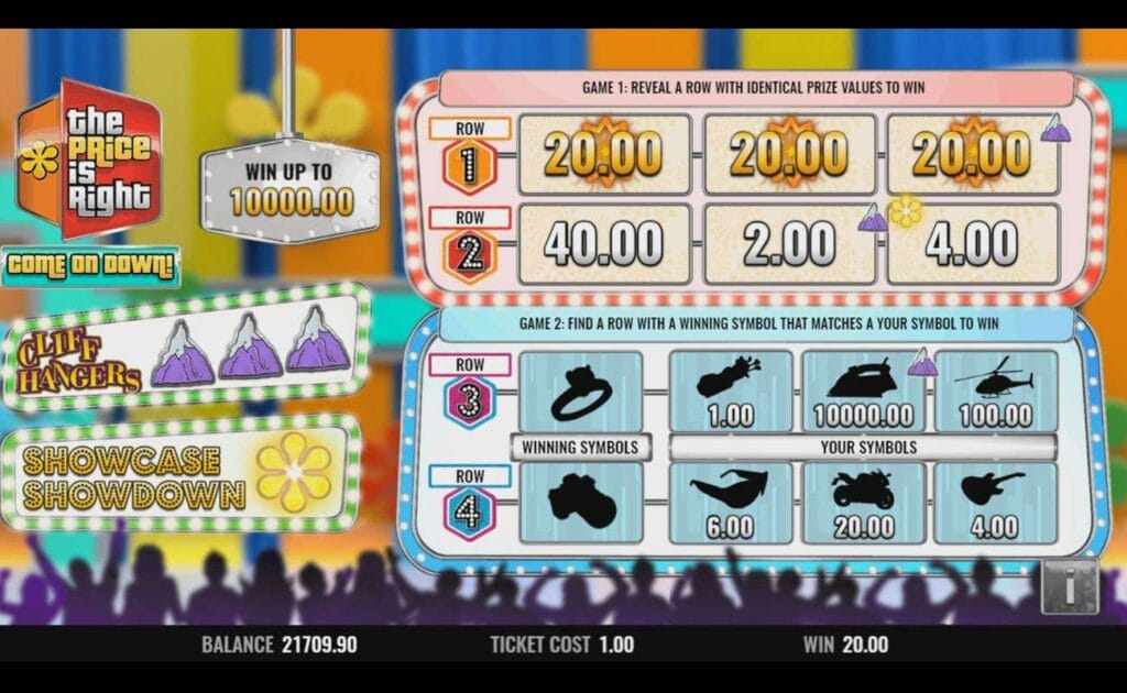 A screenshot of The Price is Right Come On Down instant-win game. On the right are the four rows with various values and prizes revealed. The player has received a matching win of 20.00 in row one of game one.